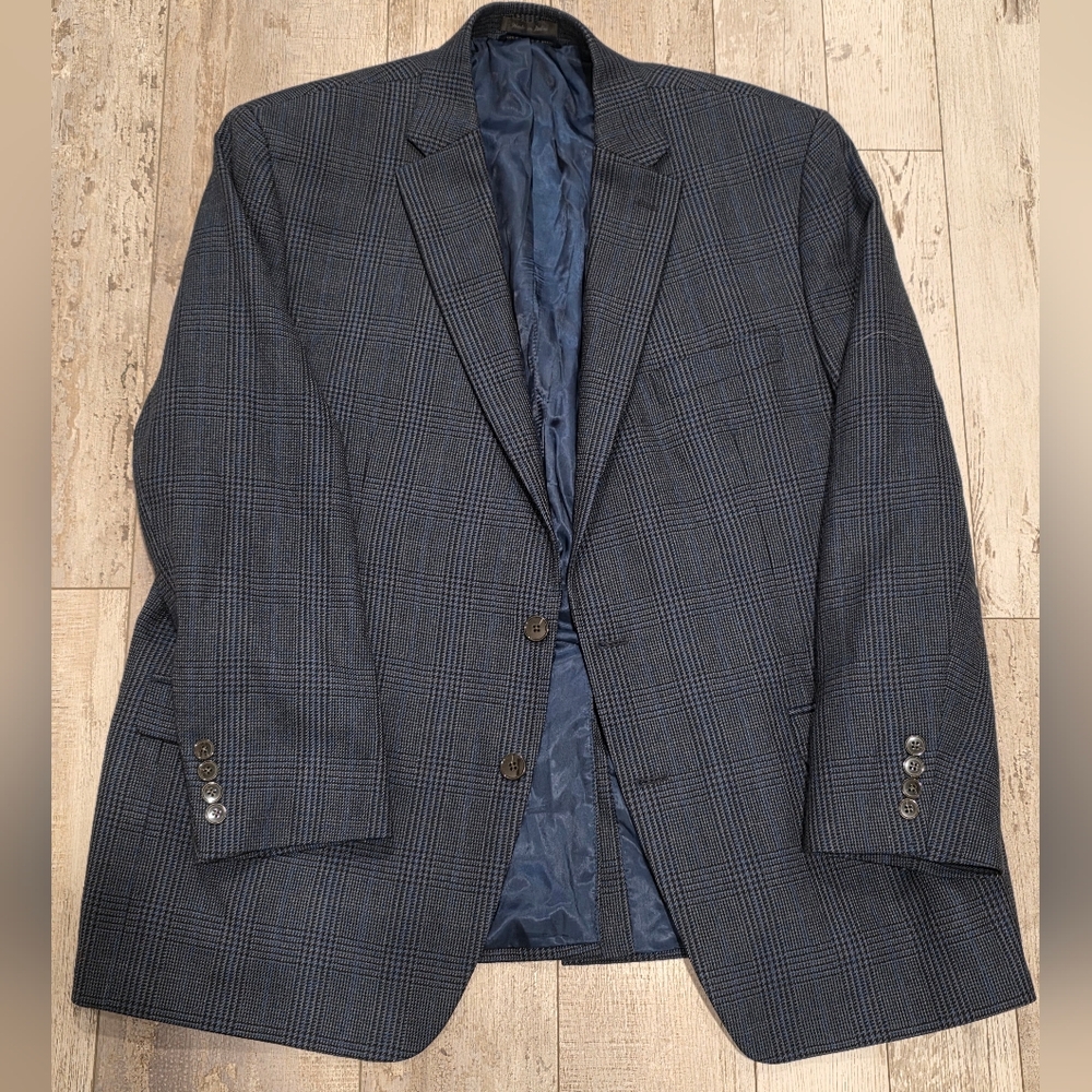 46R Men's Ralph Lauren Tartan Blazer Dark Blue 100% Wool 2 Button Sport Coat